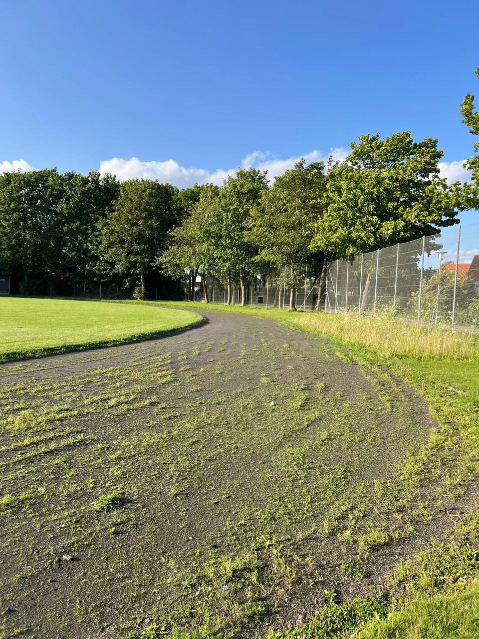 Den tilgroede løbebane langs hegnet ved Hasle Skole.